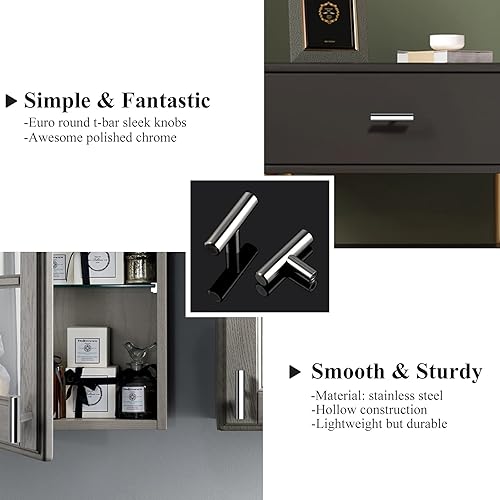 Miniatura 3 de Probrico Paquete de 20 manijas y tiradores de cajones de herraje para gabinete, manijas de cocina de barra en T, acabado cromado pulido, pomos de