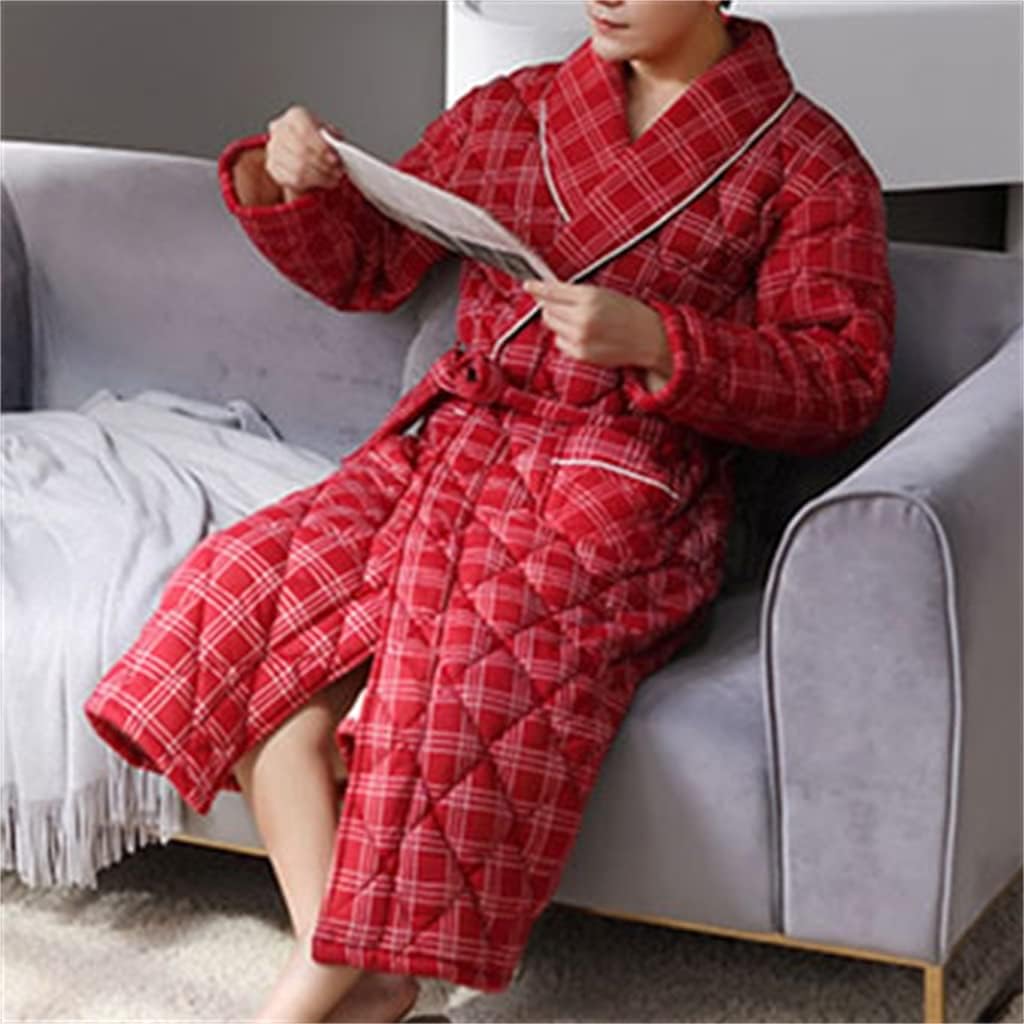 Bathrobe Men's Winter Pajamas 3-layer Thickening Warm Home Wear Red Bathrobe Men's Pajamas Home Wear Bathrobe(2XL code)