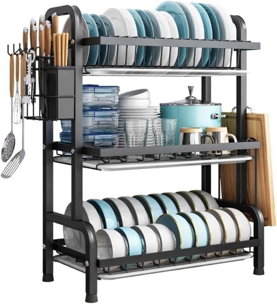 Escurridor de platos con 3 niveles, diseño sobre fregadero, soporte para cubiertos y tabla de cortar para ahorrar espacio en la organización de la cocina