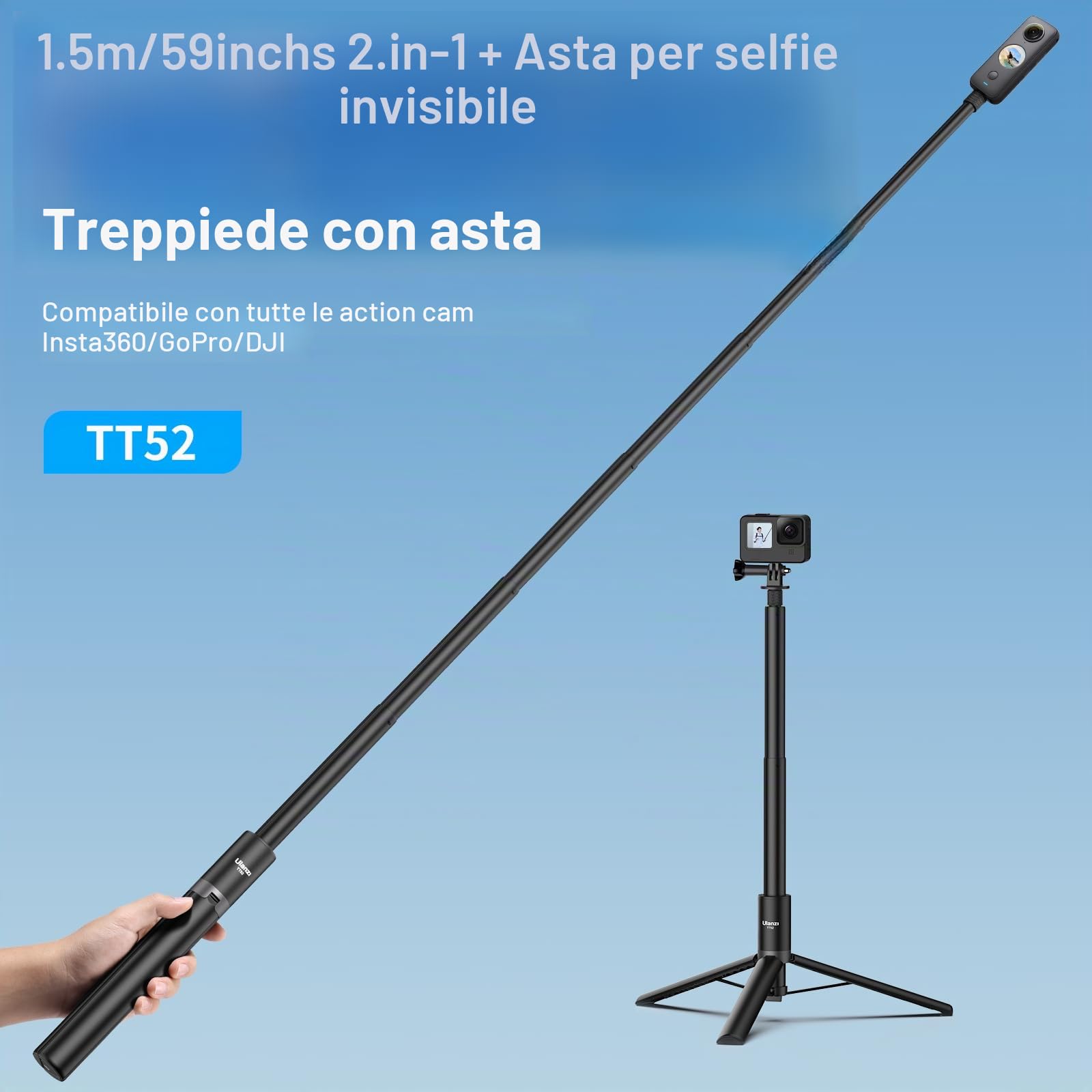 ULANZI TT52 Selfie stick treppiede da 150 cm per Insta360 X3/X4/X5/GO 3/Flow/ONE RS/GO 2/ONE X2/ONE R/ONE X/ONE, Bastone action cam, Monopiede fotografico compatibile con DJI