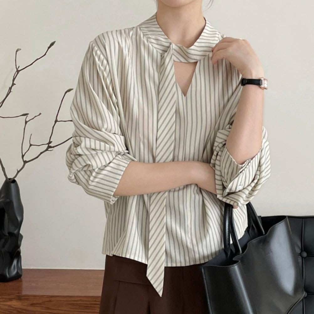 Blouses Élégantes Pour Femmes À Col Ruban Manches Longues Ajourées Fluides Rayées Pour Le Travail En Automne