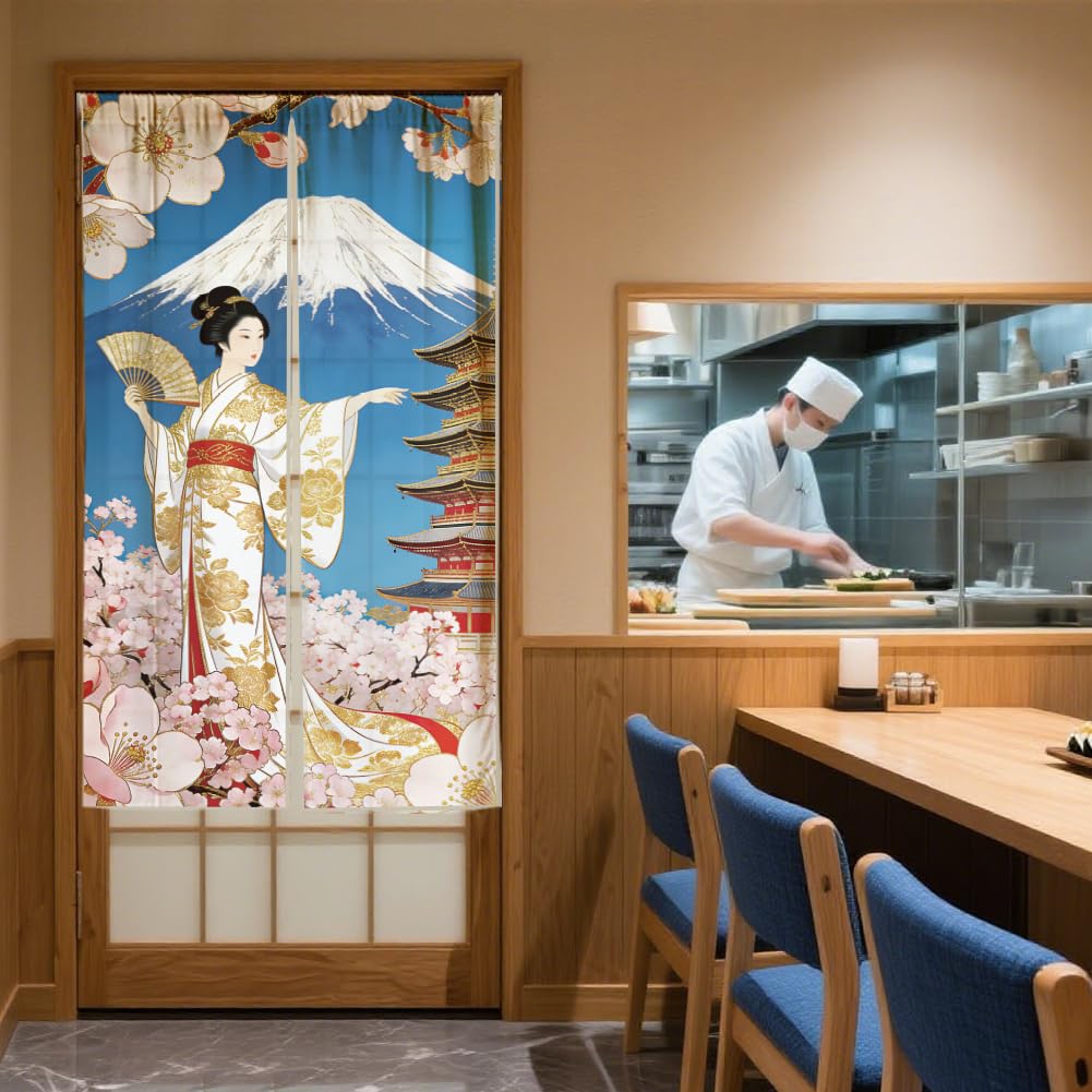 Rideau de porte design japonais avec femmes en kimonos, en lin, séparateur de pièce pour porte, fenêtre, cuisine, 150 x 85 cm