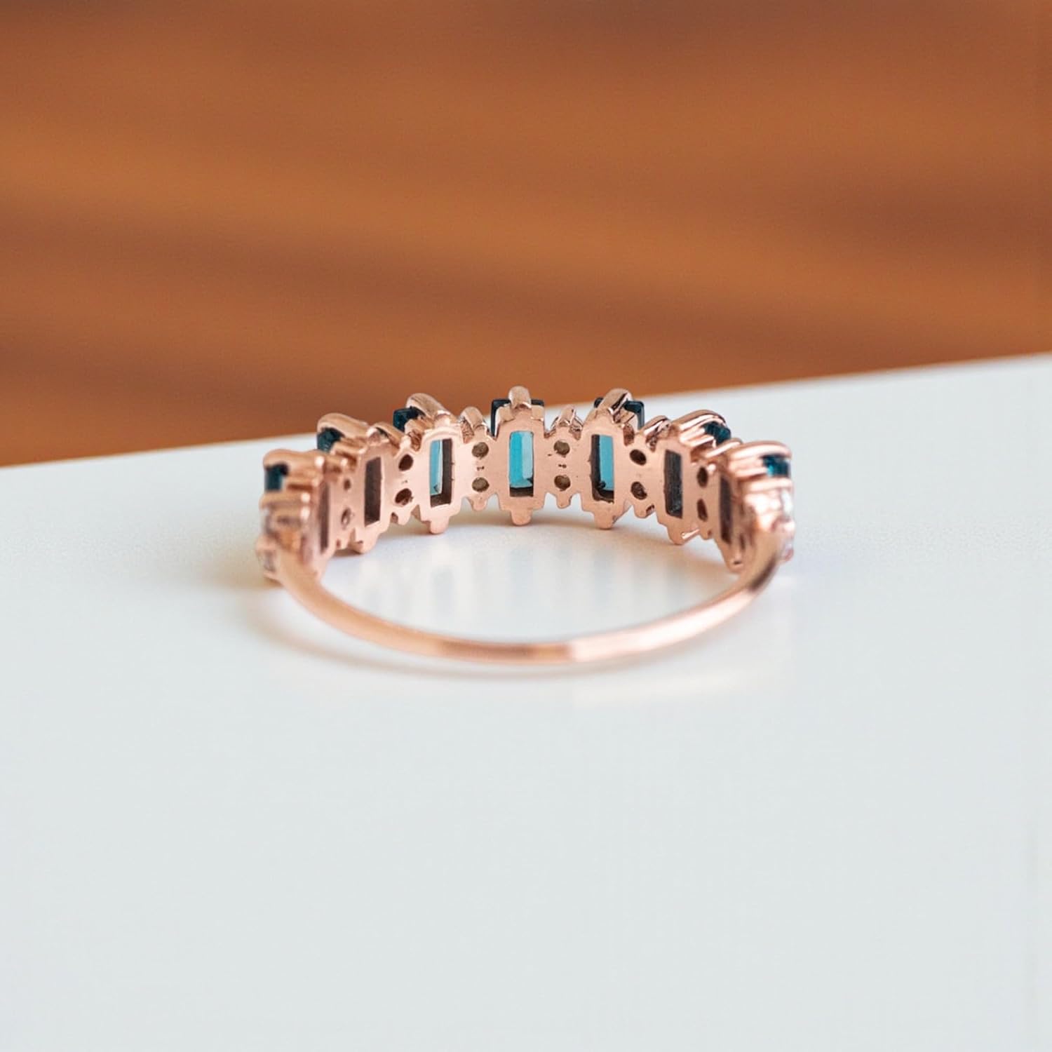 Vintage Baguette Blue Topaz and Diamond Band Ring 18K Rose Gold Plated Art Deco Stackable Wedding Band for Women – Prong Setting Fine Jewelry Wedding Gift For Bridal