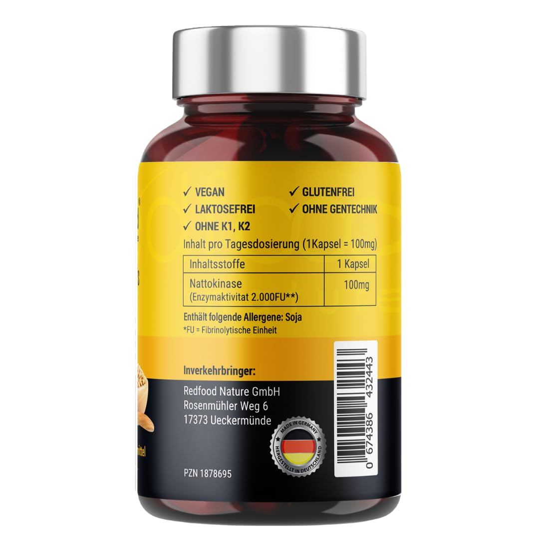 Redfood® Nattokinase Kapseln hochdosiert 290 Kapseln je 100 mg (20.000 FU/g) - 9 Monatsvorrat - Laborgeprüft und Vegan - Natto aus fermentierten Sojabohnenextrakt - Ohne unerwünschte Zusätze