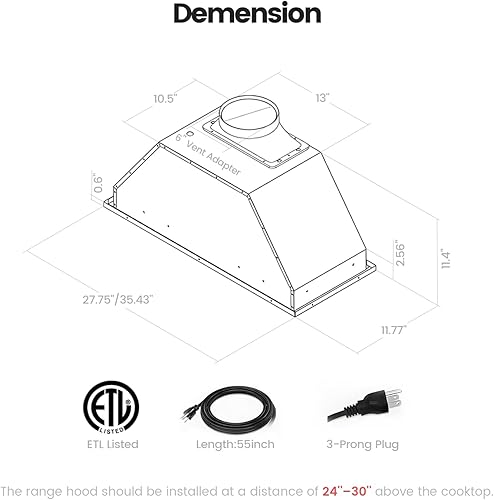 Miniatura 6 de JOCO Inserto de campana extractora de 30 pulgadas, campana de ventilación de cocina integrada de acero inoxidable de 900 CFM, convertible para