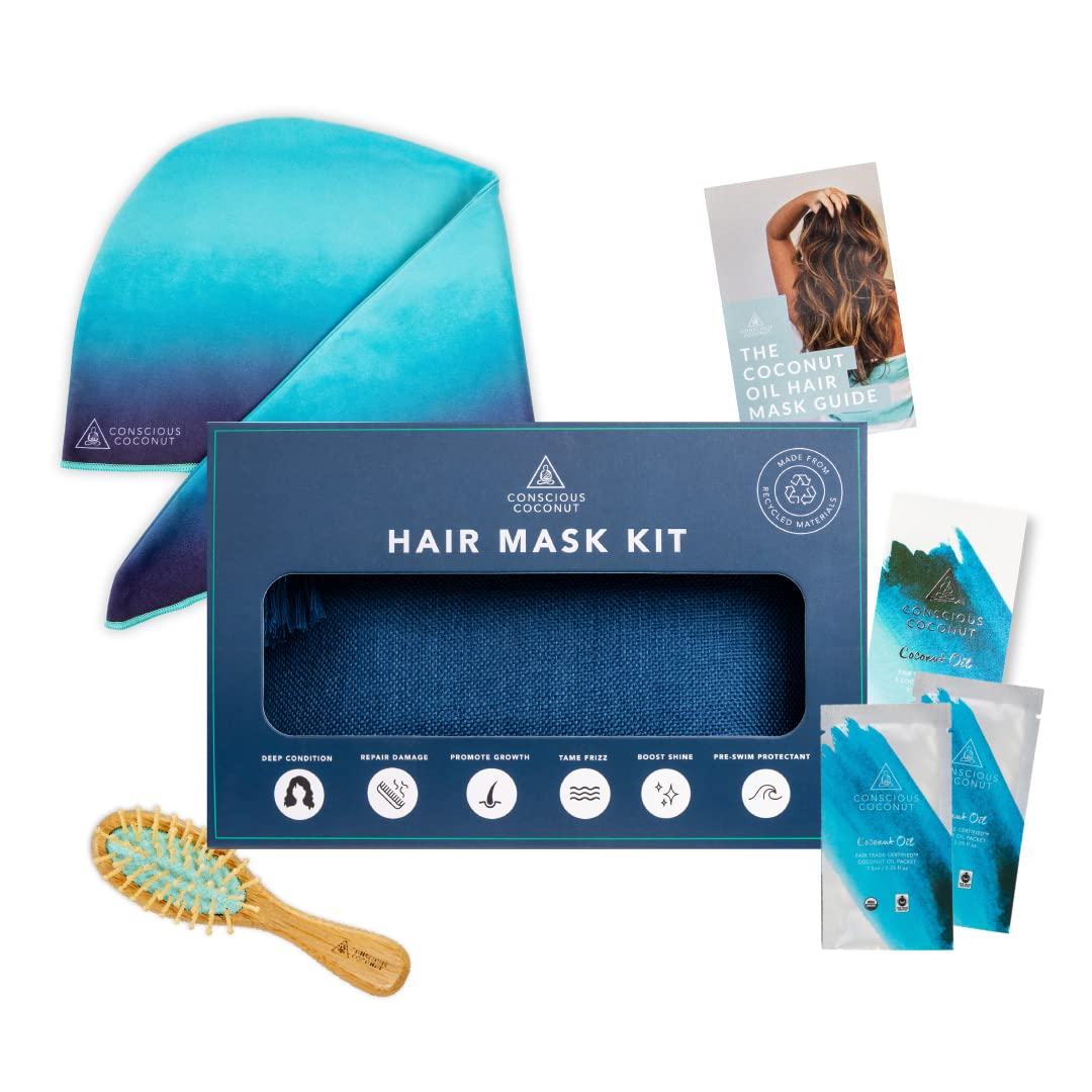 Conscious Coconut Coconut Oil Hair Mask Kit with Quick Dry Towel, Bamboo Hairbrush, and Coconut Oil for Hair, Hair Care Gift Sets for Women