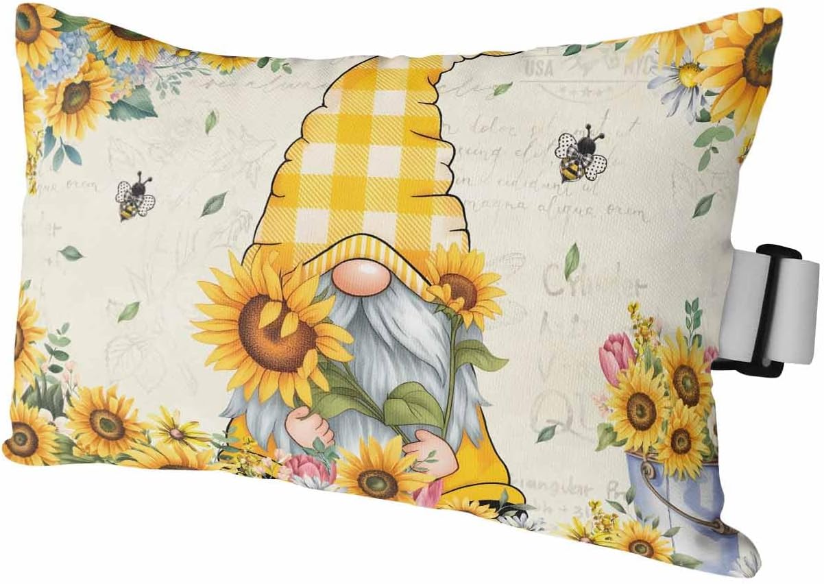 Spring Summer Bee Gnomes Outdoor Chaise Lounge Chair Head Pillow,1 Pack Waterproof Headrest Lumbar Throw Pillows Cover Case with Insert & Elastic Band for Pool,Sunflower Bumble Bee Yellow Plaid