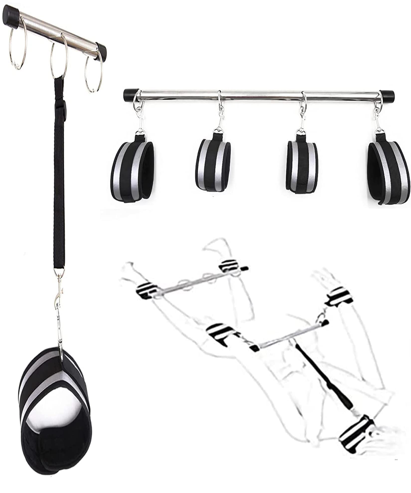 BAOMAZ4 Barre d'écartement en acier inoxydable Menottes mains et pieds Barre d'entrave Réglable Écarteur de jambes avec système de collier de serrage Torture Esclave Fétiche Ensemble de (SET)