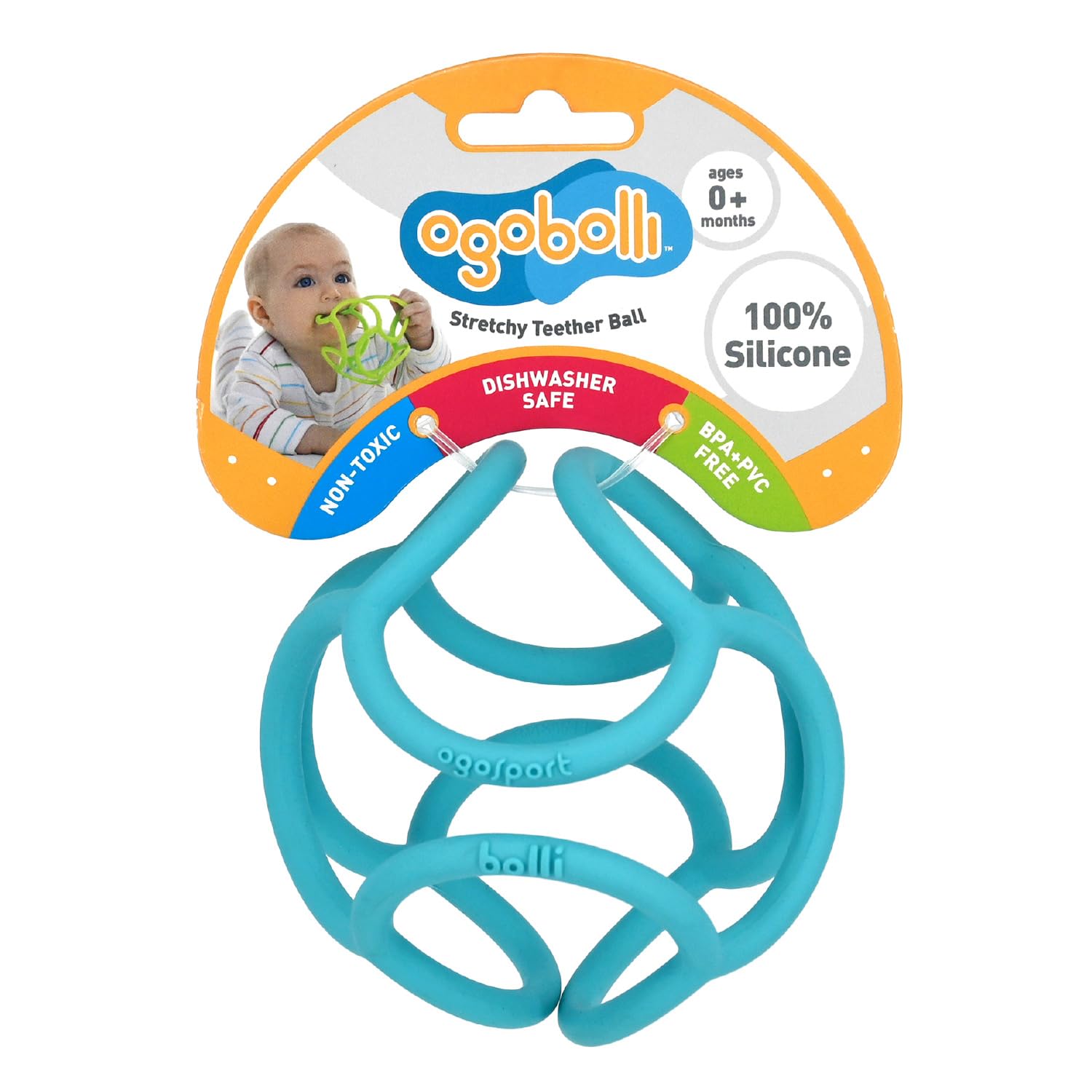 OgoBolli Teether Ring Tactile Sensory Ball Toy for Babies & Toddlers - Stretchy, Squishy, Soft, Non-Toxic Silicone - Boys and Girls Age 0+ Months - Blue