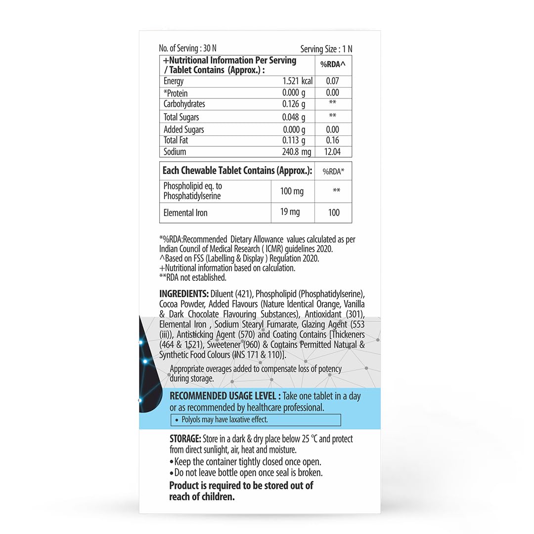 Sharpz Brain Supplement I Phospholipid (Phosphatidylserine) & Iron Supplement | Memory and Focus I No Added Sugar | 30 Chewable Tablets