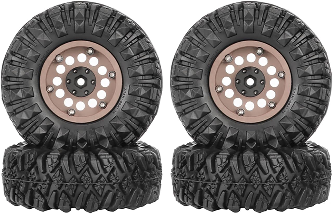 4PCS 1.3" Aluminum Alloy Beadlock Wheel Rims All-Terrain Tyre 70mm Rubber Tires Set with 5mm & 7mm Hex for 1/12 1/14 1/18 1/24 RC Rock Crawler Car Upgrade Parts (B-Brown)