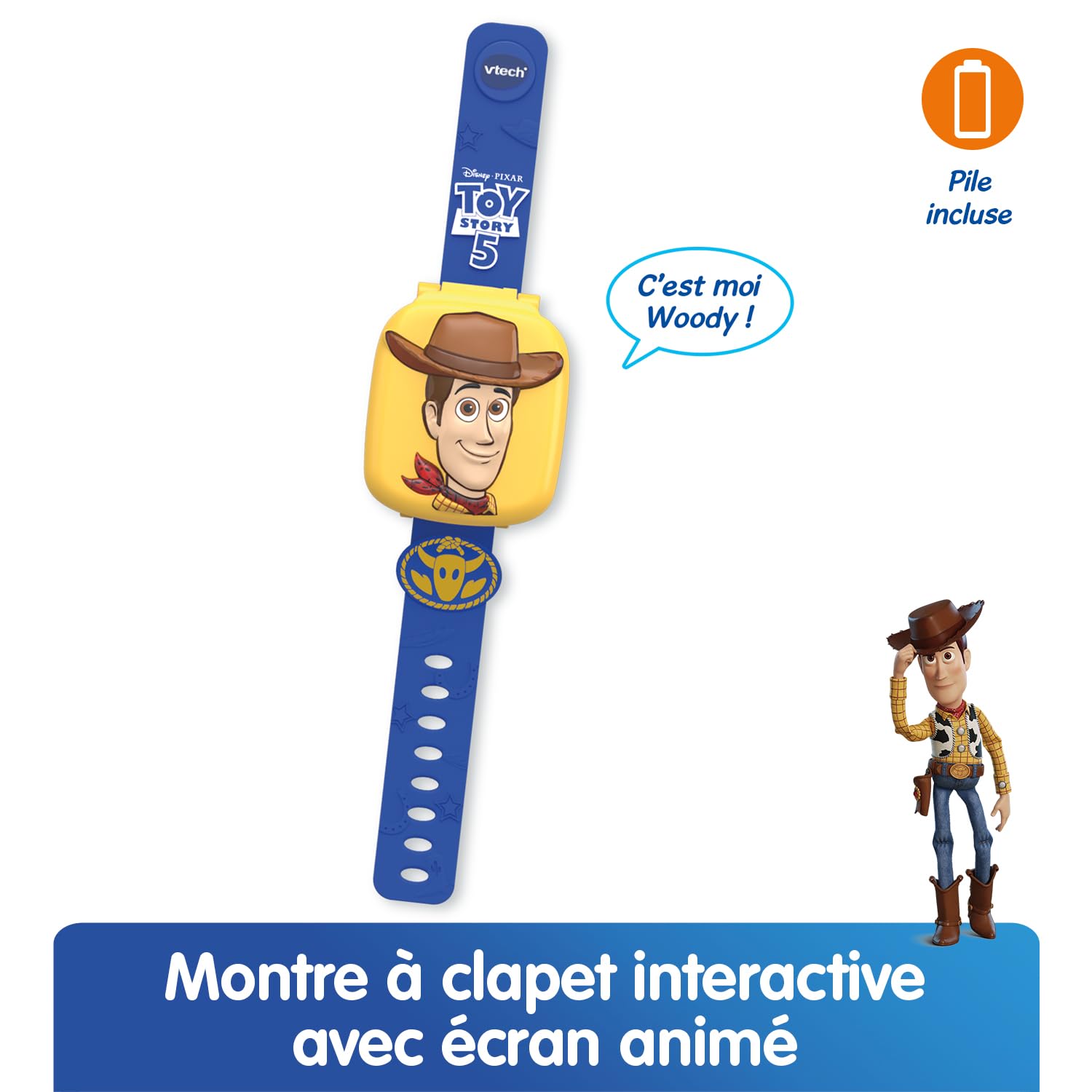 VTech - Toy Story 5, L'orologio da Gioco educativo di Woody - Orologio Toy Story con Schermo Animato, Cinturino Regolabile, 10 quadranti, 4 Giochi - Sceriffo Woody Parlant - Regalo per Bambini dai 3