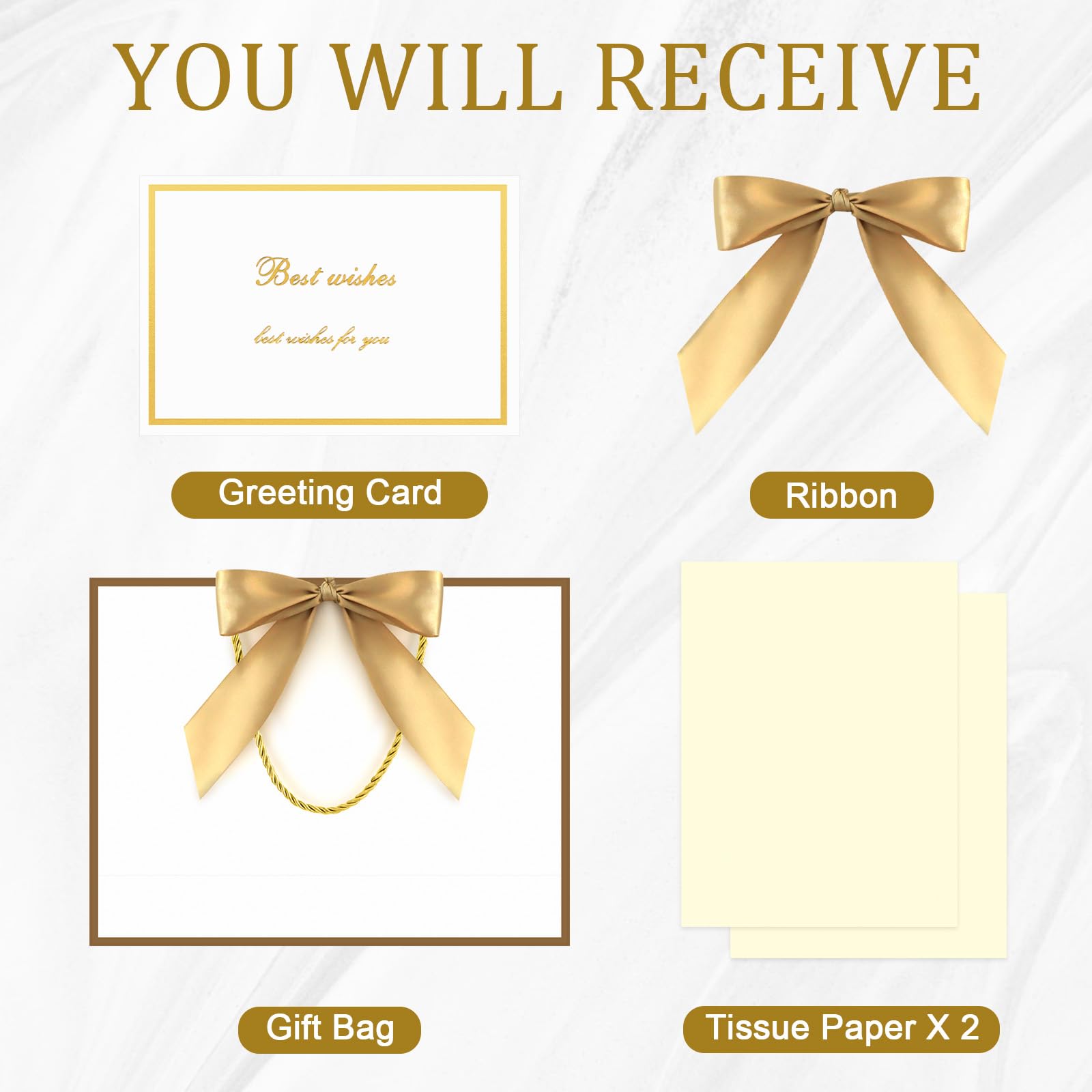 YoungTree Gift Bags with Handles, 13" Medium Gift Bag with 2 Tissue Paper and 1 Card, Present Bag for Graduation Wedding Baby Shower Bridal Shower Birthday Party Supplies (White-Gold)