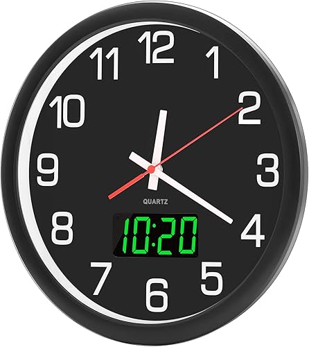 Miniatura 6 de Reloj de pared analógico de 12 pulgadas, silencioso reloj de pared grande de cuarzo sin tictac con luz LED nocturna, reloj de pared decorativo a