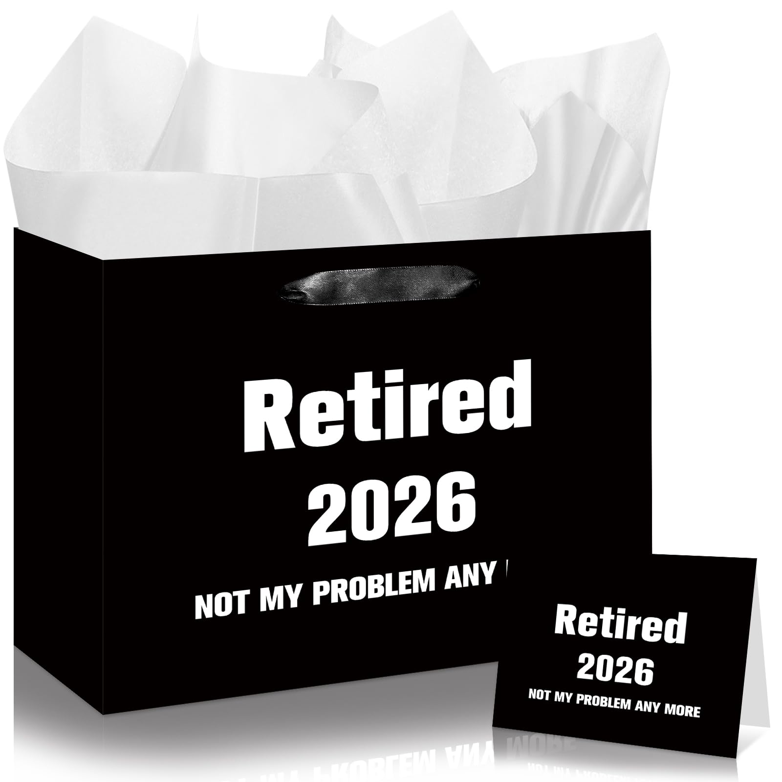12" Large Retired 2026 Gift Bag Black Retirement Gift Bags with Wrapping Paper Card Elegant Farewell Going Away Retirement Party Favor Bag Decorations Goodie Supplies for Women Men Coworker Colleague
