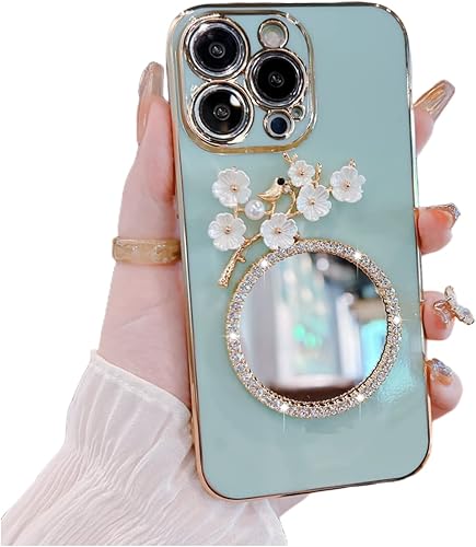 Funda para teléfono con diseño de pájaros de flores 3D con bisel brillante y espejo de maquillaje para Samsung Galaxy S23 S22 S21 S20 Ultra Plus Pro