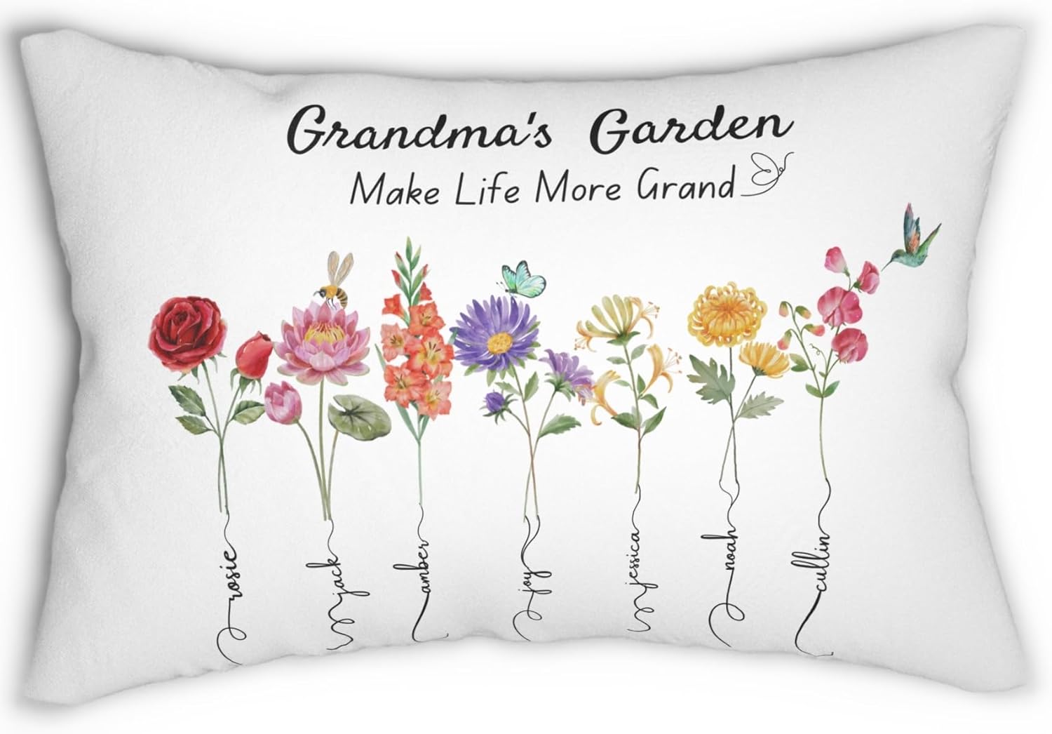 Custom Gift for Grandma or Mama with Grand Children or Kids Names & Birth Flowers Personalized Pillow Present for Grandmother for Birthday Mother’s Day Thanksgiving Christmas from Grandkids