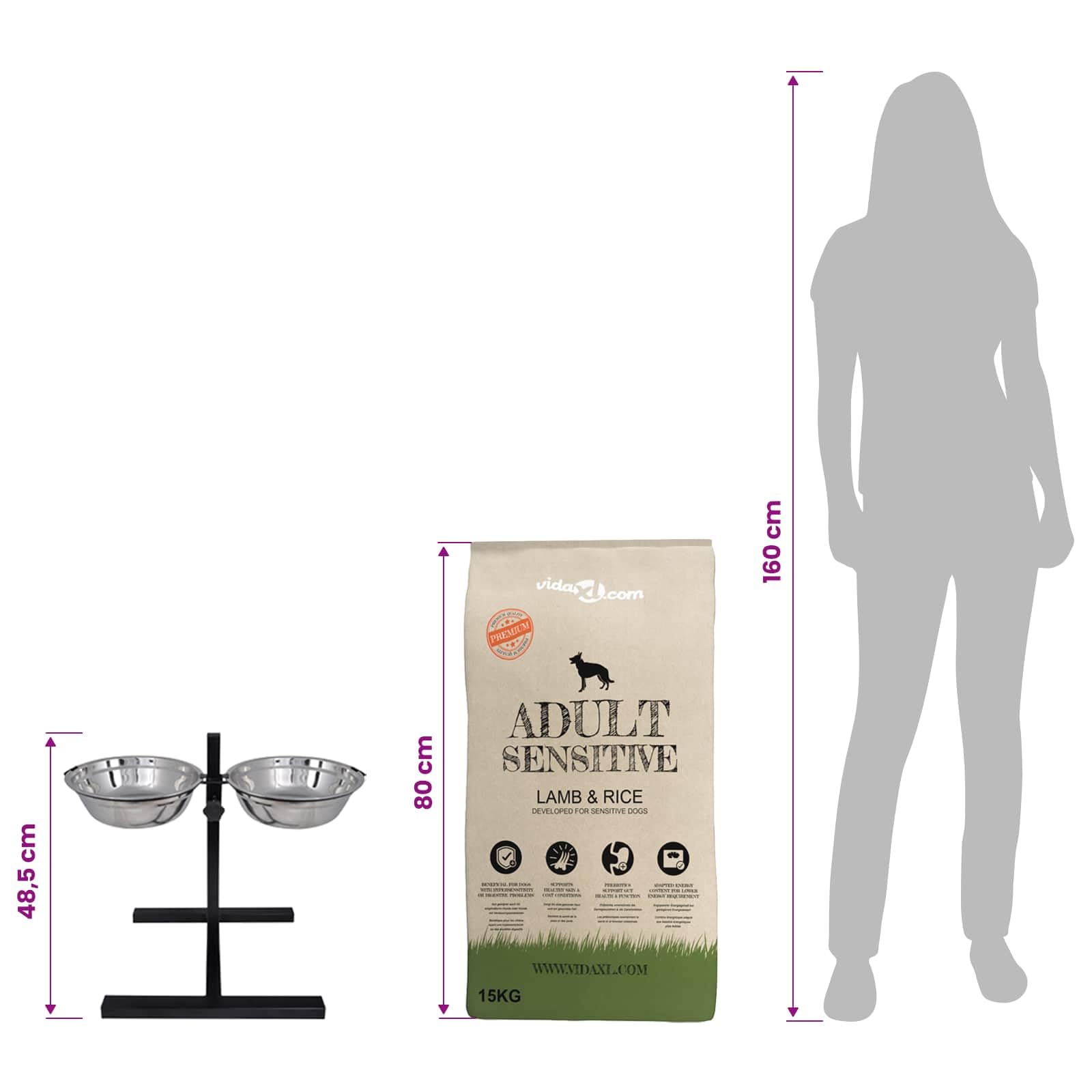 Comedero para perros de altura ajustable con 2 cuencos de acero inoxidable, 4,1 L por cuenco, antideslizante y resistente a los arañazos, para interior y exterior, color plateado y negro