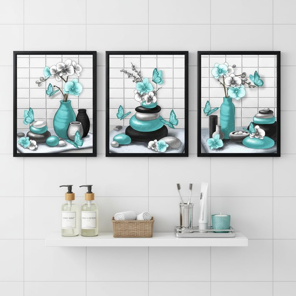 RnnJoile Teal and Grey Bathroom Decor Zen Stone Wall Art Orchid Flower Pictures Prints Modern Bath Decorations Black Frame 12x16 inch each piece