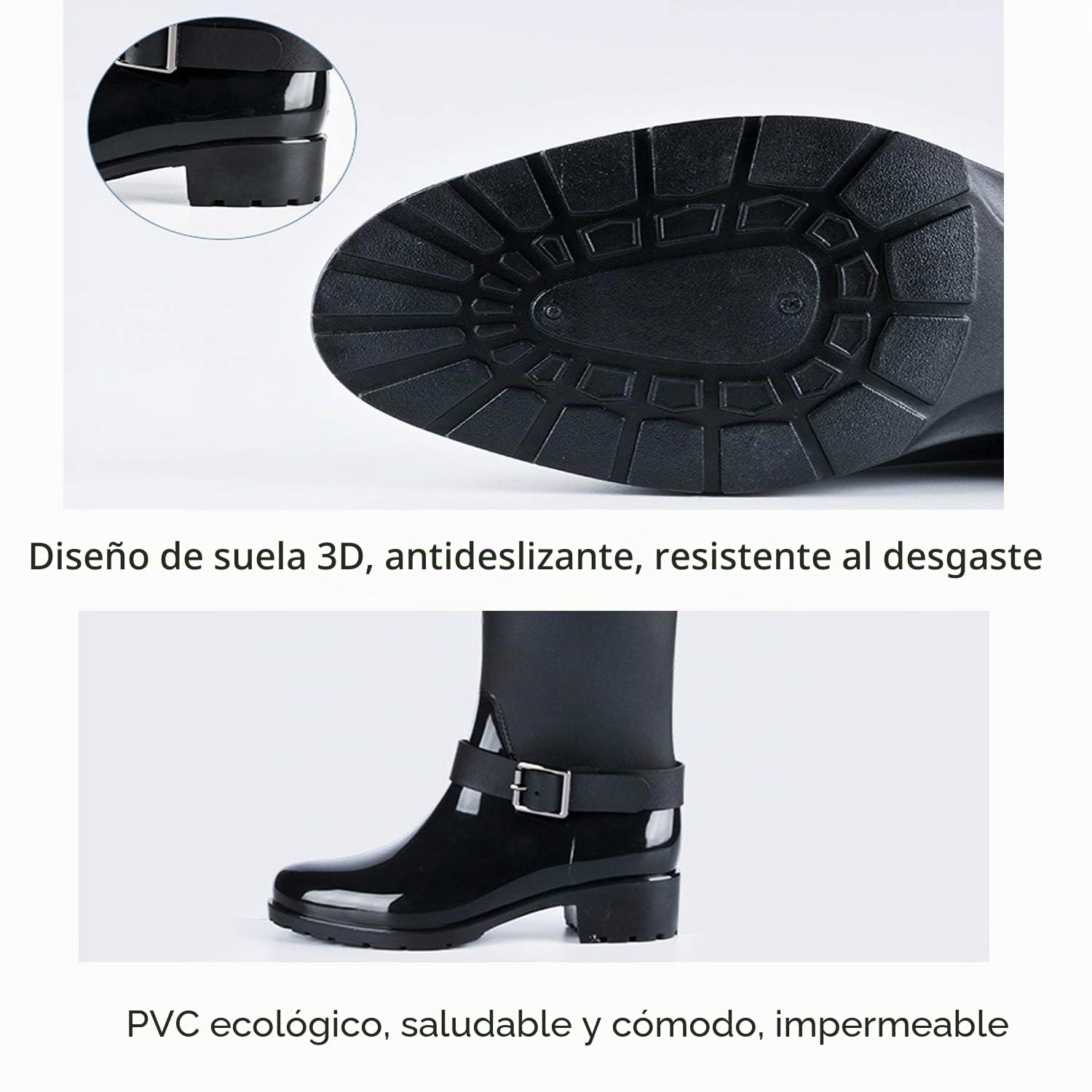 AONEGOLD Botas de Agua Mujer Lluvia Altas Zapato Impermeables Ajustable Cremallera y Hebilla Goma Botas Wellington