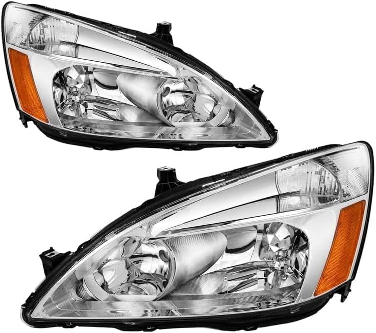 Front Headlights Assembly Compatible with 2003-2007 Accord Accord Headlight Set Amber Reflector Clear Lens Chrome Housing Replace# HO2502120,HO2503120