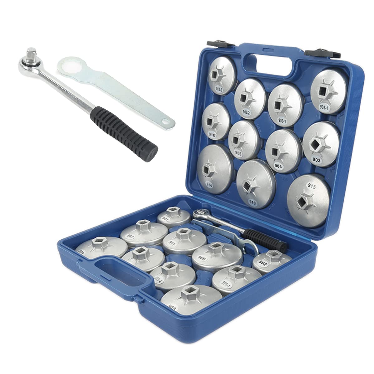 Set di 23 chiavi per filtro dell'olio, in alluminio pressofuso, con 21 tazze per filtro dell'olio, 1 cricchetto, 1 chiave inglese e valigetta portaoggetti, universale per auto