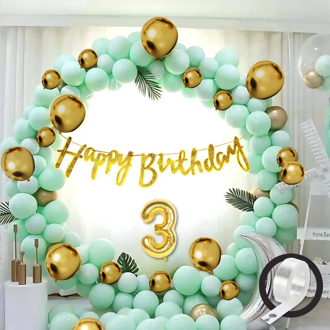 Flyloons 3rd Green Gold Happy Birthday Decoration for Girls Kids Boys, Golden Glitter Happy Birthday Banner,Green Pastel Balloons,Golden Chrome Balloon,Arch Tape birthday decoration items for room