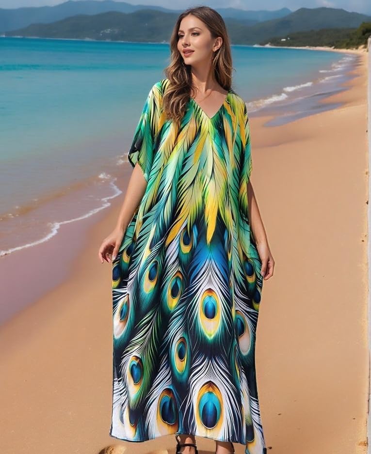 Kaftan Dresses for Women Plus Size Bathing Suit Cover up Vneck Batwing Dress Loose fit Moroccan Caftan mumu Dresses - Image 5