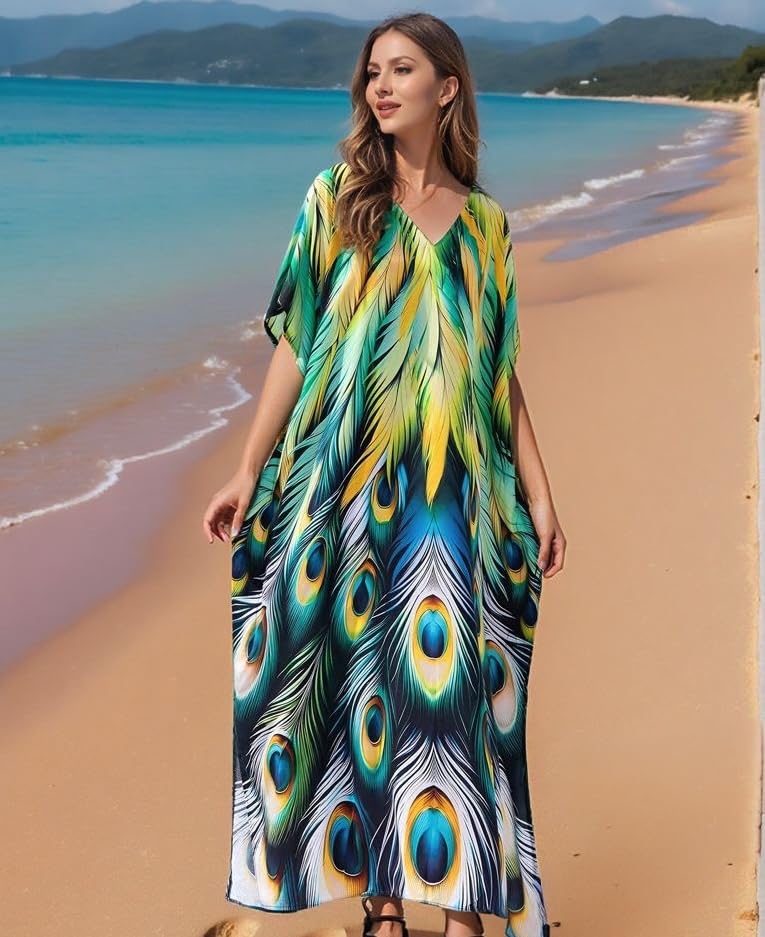 Image of IMAGEKOPE Kaftan Dresses for Women Plus Size Bathing Suit Cover up Vneck Batwing Dress Loose fit Moroccan Caftan mumu Dresses