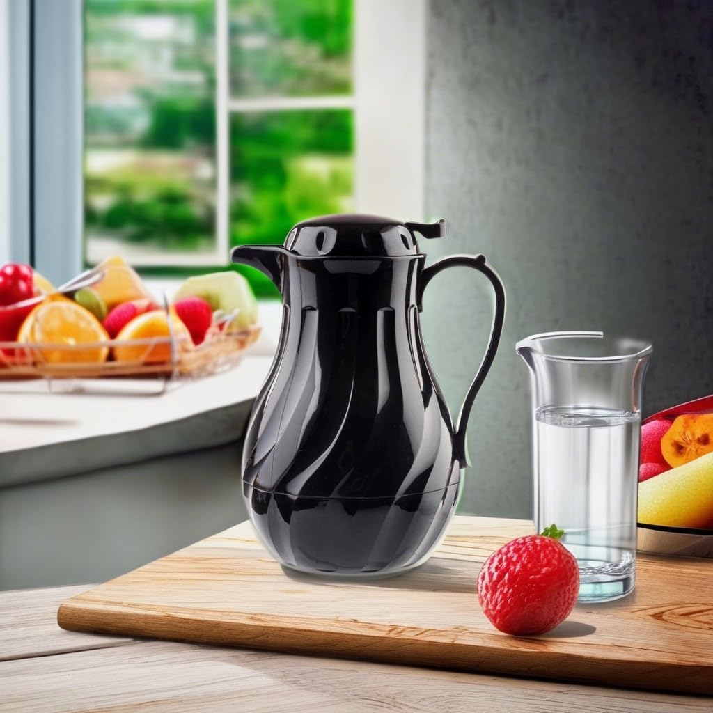 TableCraft 1001501 Insulated Coffee Carafe, Triple Wall Swirl Design, 64 oz Hot Beverage Server, BPA-Free Plastic, Black Carafe, Thumb-Press Lid, Color ID Tags, NSF Listed