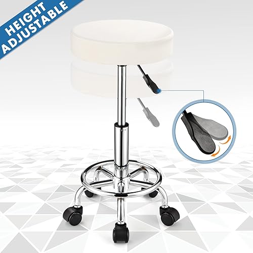 Miniatura 4 de Taburete ajustable con ruedas, moderno taburete redondo con ruedas para spa, sala de belleza, oficina de masaje, asiento de piel sintética blanca,