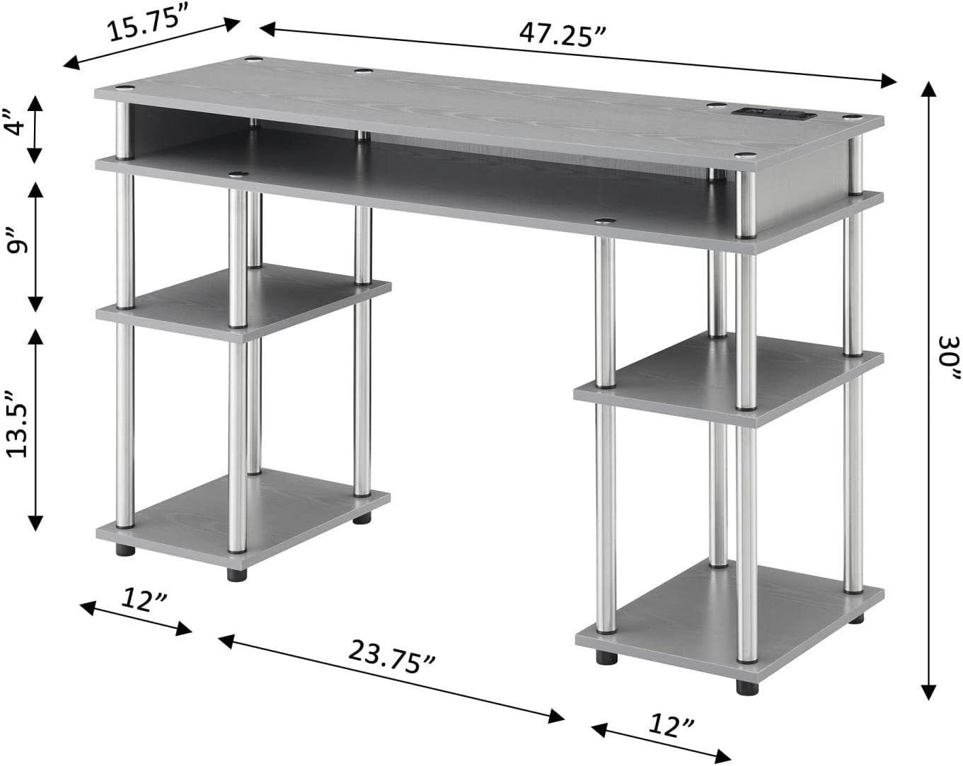 Convenience Concepts Designs2Go No Tools Student Desk with Charging Station and Shelves, Gray