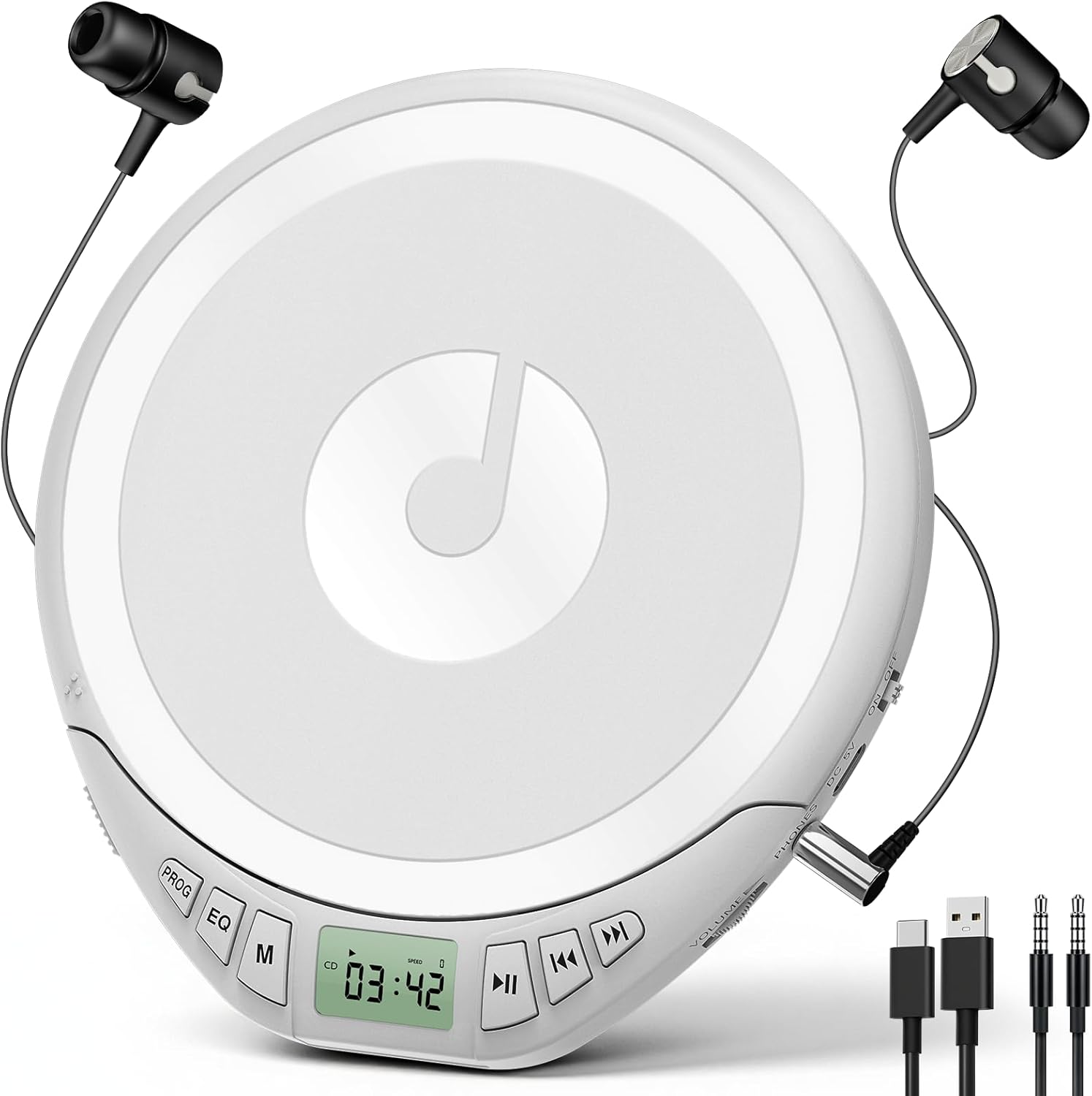 Portable CD Player with Headphones KOVCDVI CD Player Portable for Car with Anti-Skip & Shockproof,CD Discman with LCD Display,AUX Cable and Earphone for Sport Home Outdoor,White