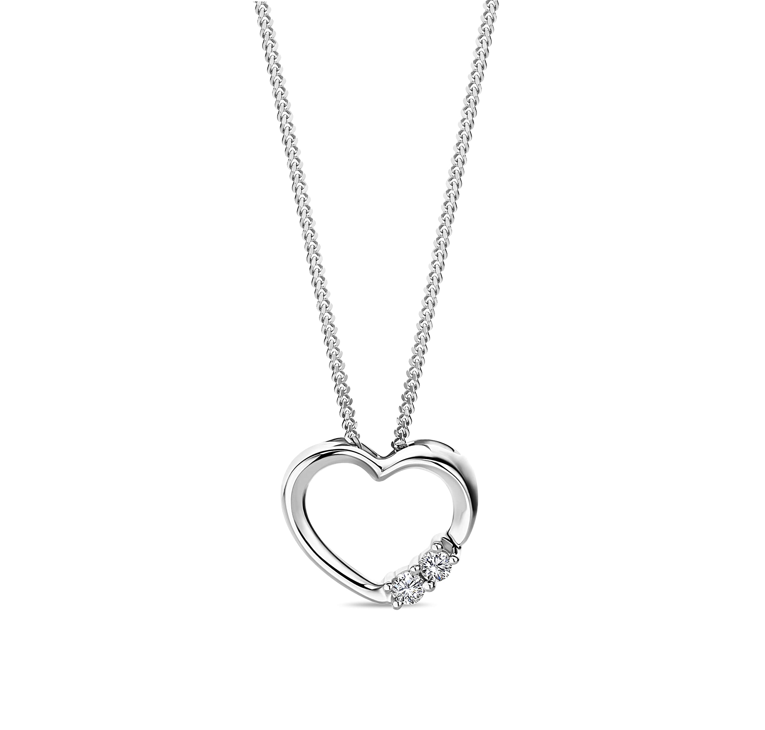 MIORE Collana con Cuore Oro Bianco con Diamanti Naturali, Vero Oro 9KT 375, Catenina con Pendente Cuore Lucido e Brillanti - Ciondolo con Catena anallergica. La Catenina è lunga Cm. 45.