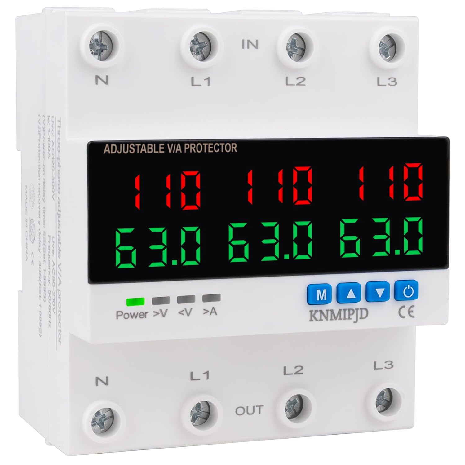 Over Under Voltage Protection Device, 110V 63A Adjustable Circuit Breaker with LED Display for Real-Time Monitoring of Voltage, Current, Power, Home Commercial Electrical Safety（4P 63A）