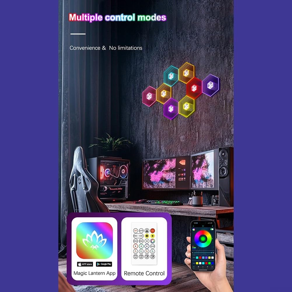 Paneles LED hexagonales RGB para pared modular con música y 16 millones de ajustes de color para cualquier espacio interior (12 piezas)