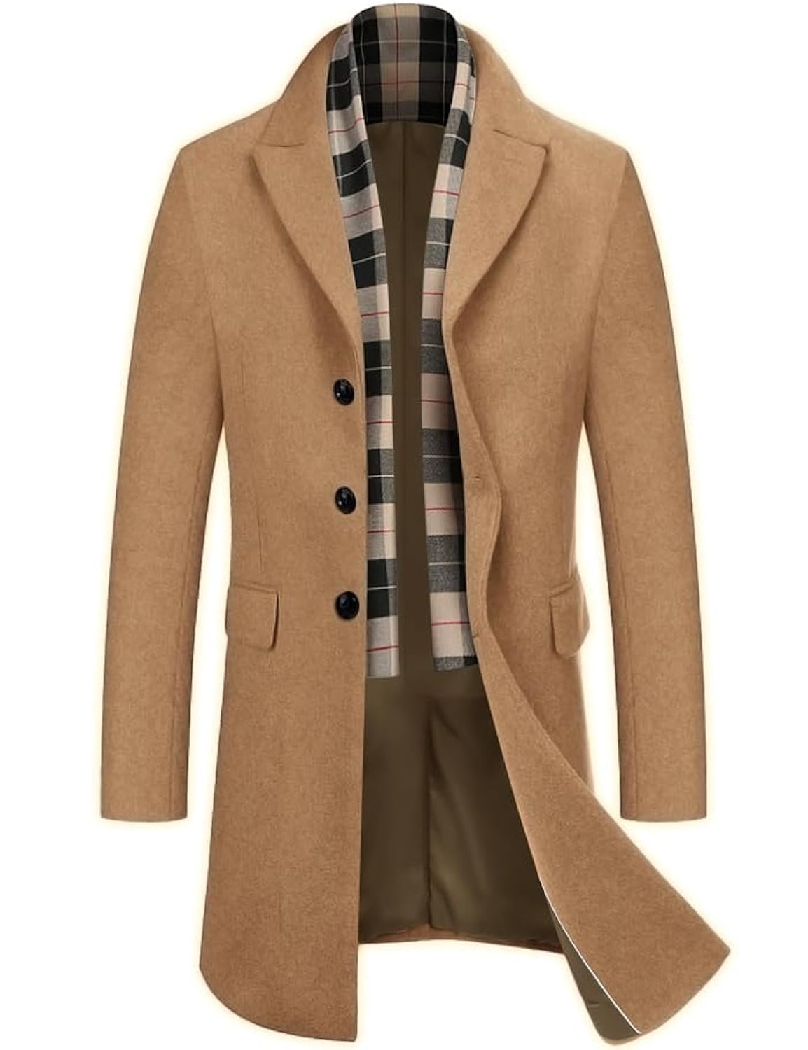 Men's Wool Blend Coat with Detachable Plaid Scarfs Notched Collar Single Breasted Pea Coat Trench Overcoat