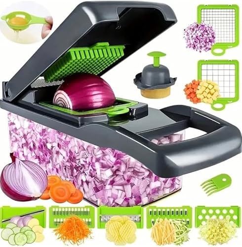 Vegetable Chopper Dicer Cutter Slicer Multifunctional - Veggie Chopper with container 12 in 1 with 7 blade, Vegetable Cutter, Onion Dicer, Grater