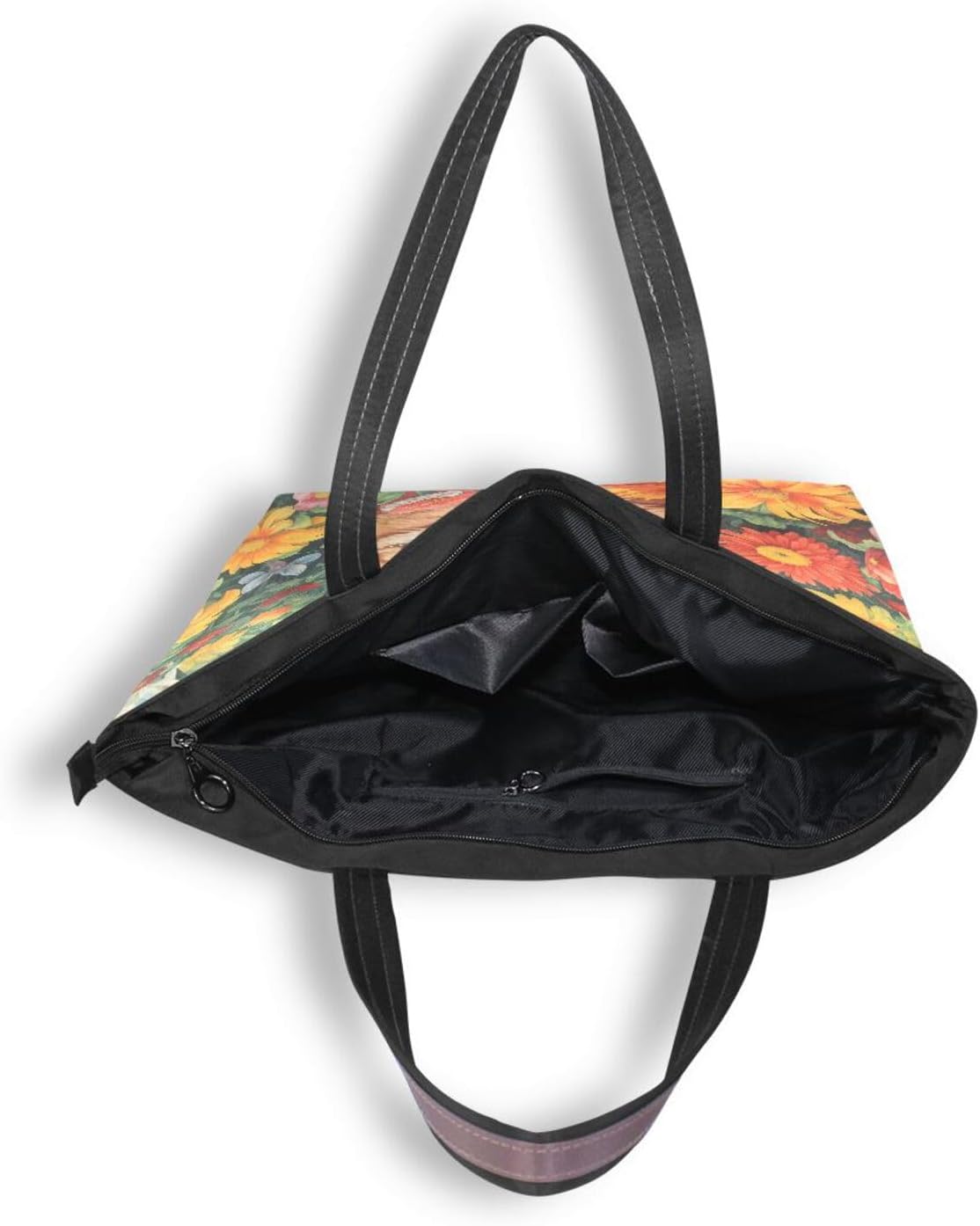 Orange Cat Flowers Tote Bag Zipper Shoulder Bag Reusable Grocery Bag Handbag - Large
