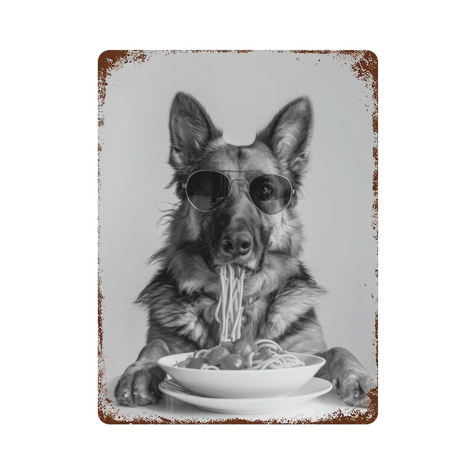 xiaoxiaoshen German Shepherd Eating Pasta Print Wall Decor Art Metal Tin Poster Modern Home Decor Art Home Bar Shop Decorations Vintage Sign 40x30cm