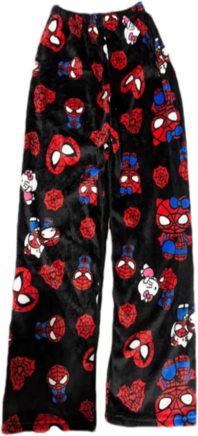 GenericCartoon Pajamas Pants for Women Girls Kawaii Spider Anime Pink Cat Flannel All Over Print Cute Pjs