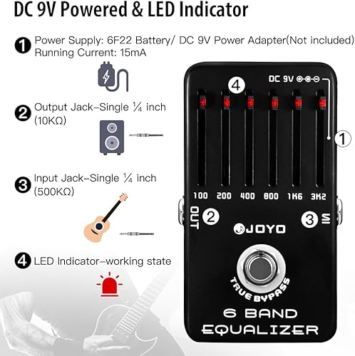 Miniatura 22 de JOYO Pedal de distorsión de alta ganancia de AC/DC Crunch a Heavy Metal con ecualizador de rango completo para efecto de guitarra eléctrica - Bypass