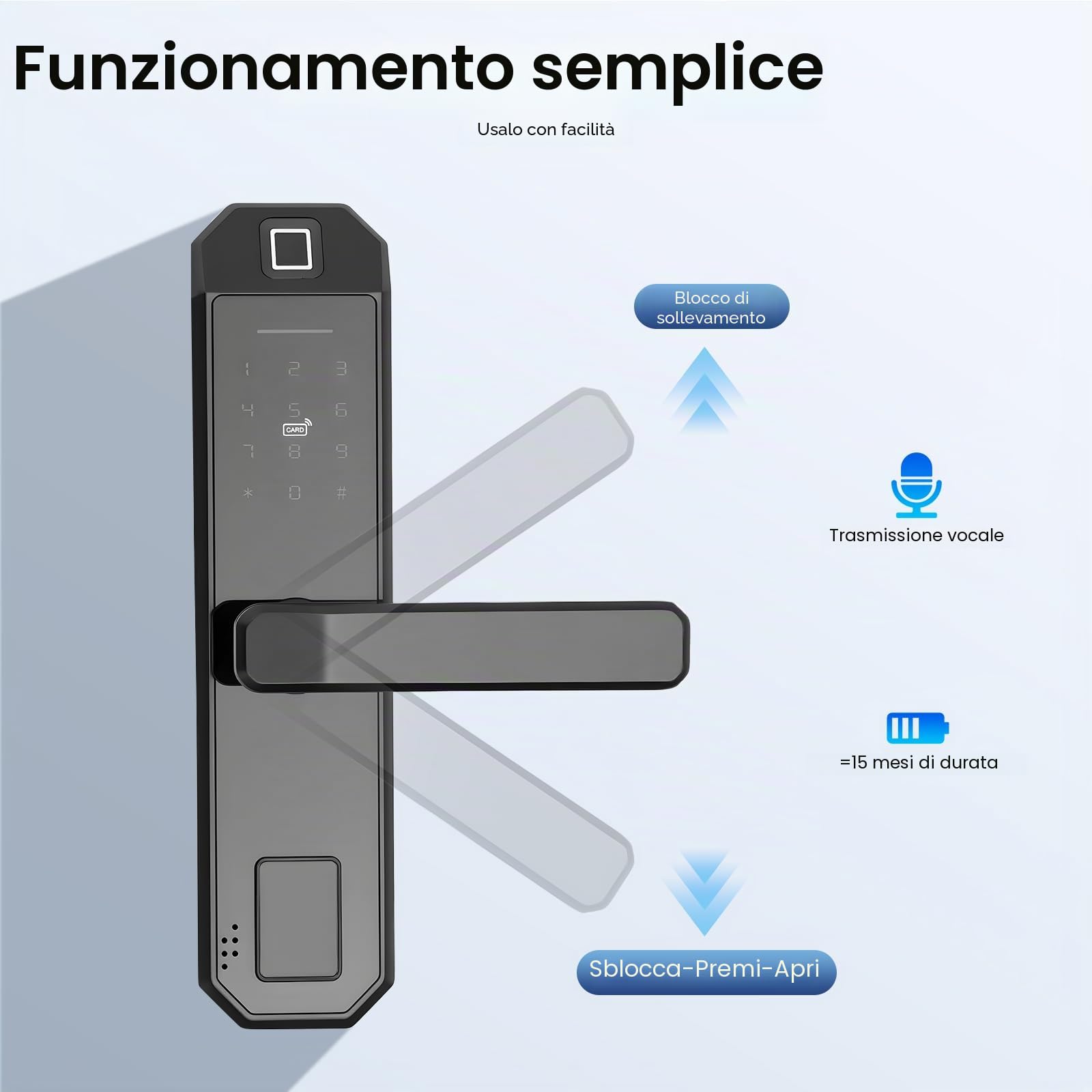 Serratura per porta con impronte digitali, modello interno, elettronico, codice PIN intelligente, robusta lega di zinco, accesso senza chiave, adatta per appartamenti e uffici, touch screen, 200