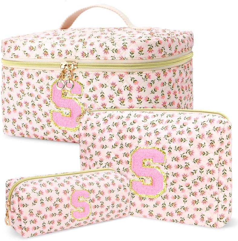 Conjunto DOSUKE com 3 necessaires de algodão matelassado, estampa floral, fechamento por zíper, estilo S, Red flower1
