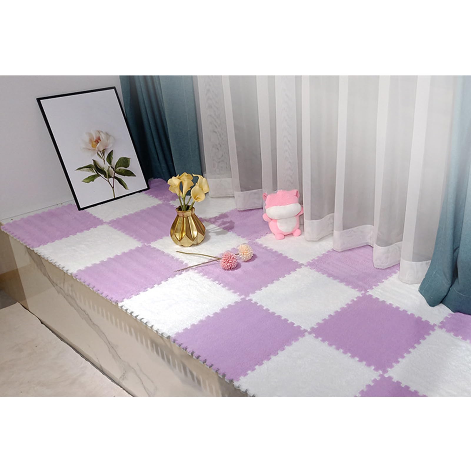 80 Tappeti Puzzle per Pavimento, Tappetino in Schiuma di Peluche, Tappetino Puzzle, Tappetino da Gioco per Soggiorno, Piastrelle di Moquette Ad Incastro (Viola+Bianco 0,23 Pollici)