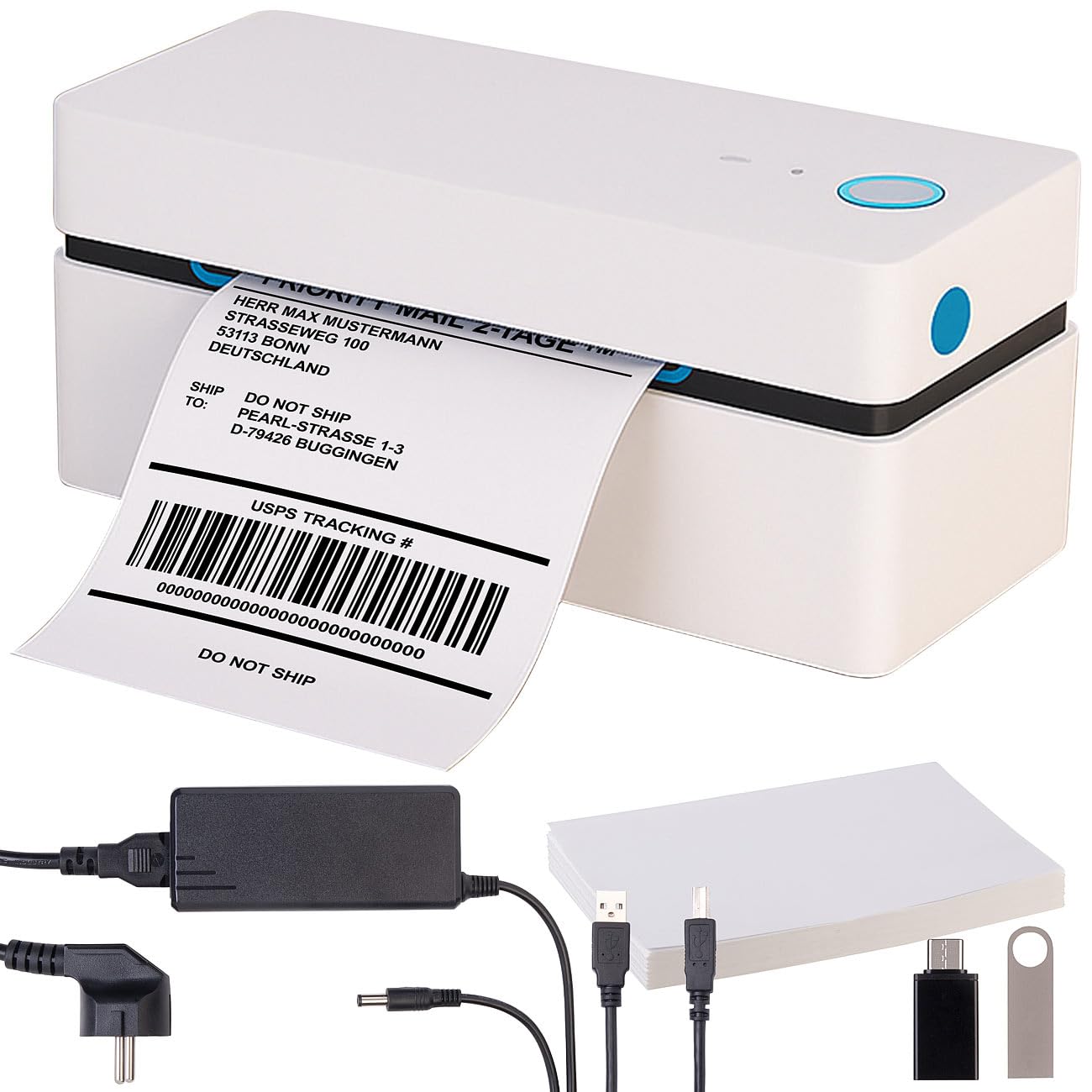Callstel Drucker: Etiketten-Thermodrucker mit 550 Etiketten 100x150mm, 203 DPI, BT, App (Thermodirekt-Etikettendrucker, Labeldrucker DHL, Handy)