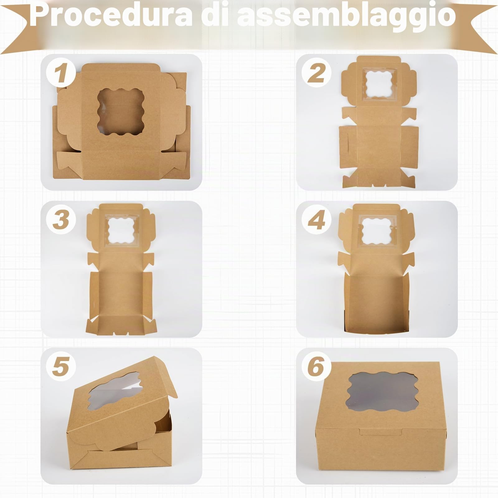 Scatola Quadrate per Dolci da 20 Pezzi, Scatola Confezione Regalo Kraft con Finestra Trasparente, 6x6x2,5 pollici /15,3 x 15,3 x 6,35 cm, Scatole per Torte, Pasticceria, Scatole Natalizie