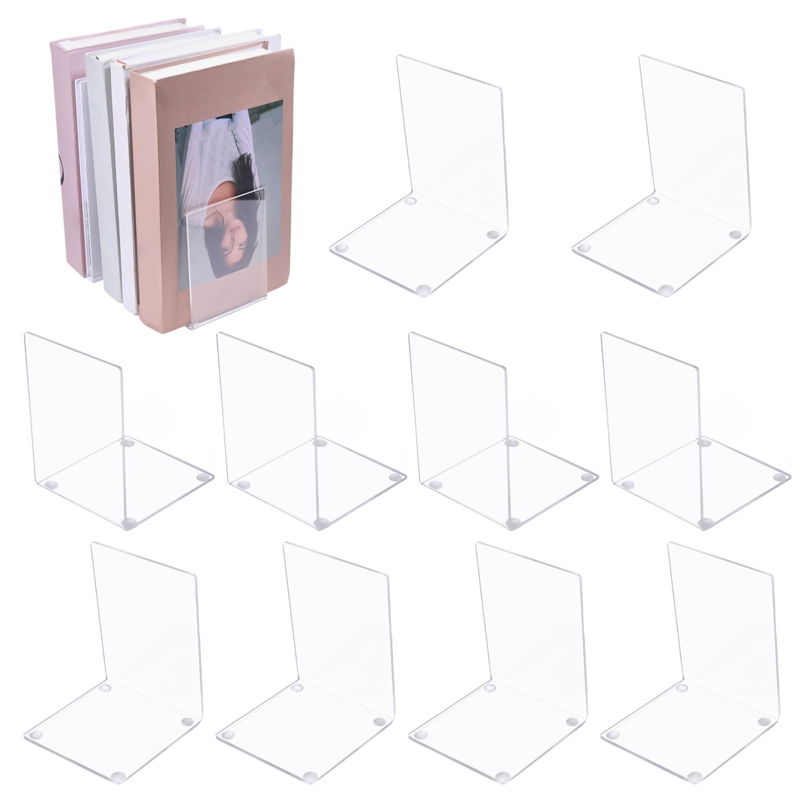 GLOBLELAND 10 Pieces Acrylic Book Ends for Shelves Clear Bookends Transparent Shlef Book Stopper with Silicone Non-Slip Mats Clear Books Holders for Library Office Movies CDs Video Games