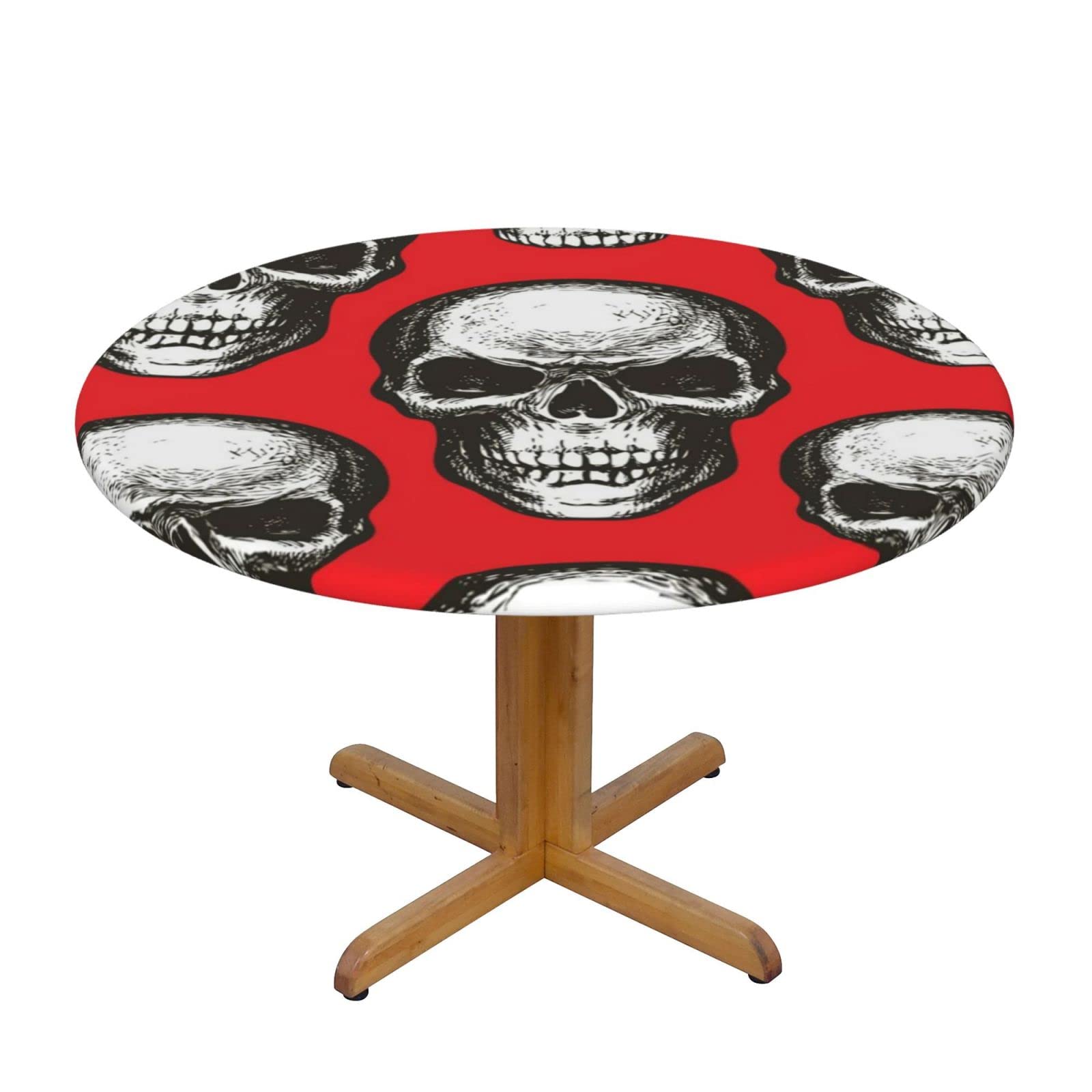 Lsjuee Round Fitted Tablecloth 45-50in Elastic Edged Table Cloth for Kitchen Dining Party Home Decor - Skull Dark Red