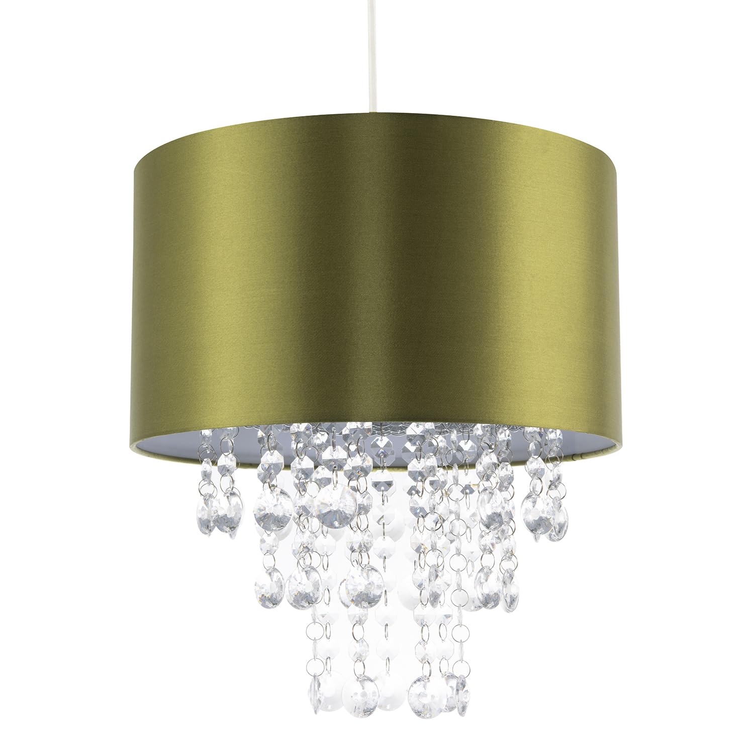 Rackhams Green Modern Olive Satin Fabric Pendant Shade With Clear Acrylic Drops